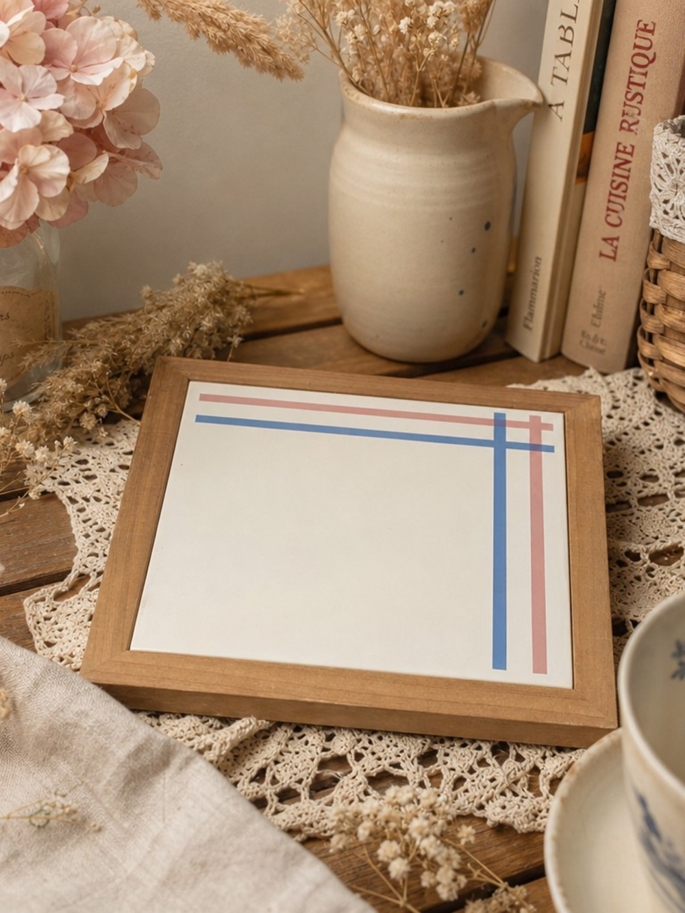 Vintage Wooden-Framed Ceramic Trivet – Pastel Stripe Design